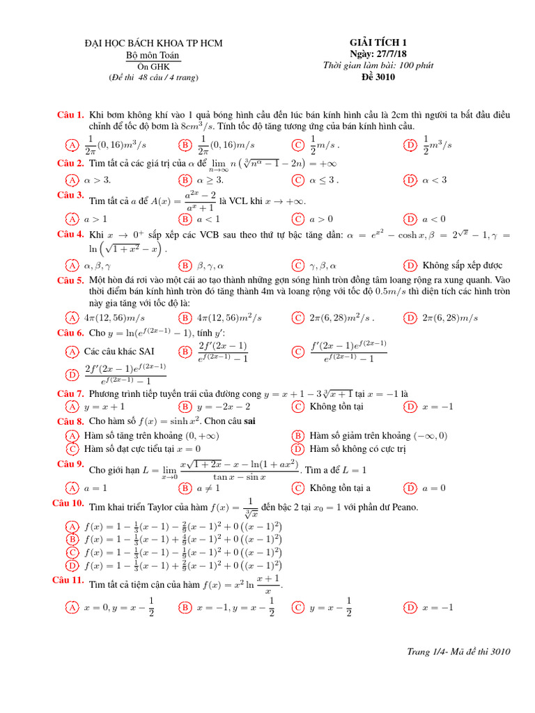 Giai Tich 1 2018 Gt1 k18 Gk1 Test (Cuuduongthancong - Com) | PDF