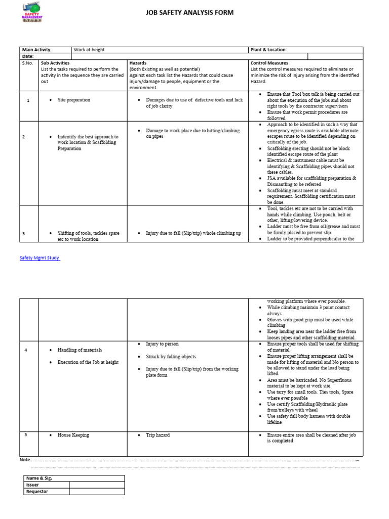 Job Safety Analysis for Working at Height | PDF