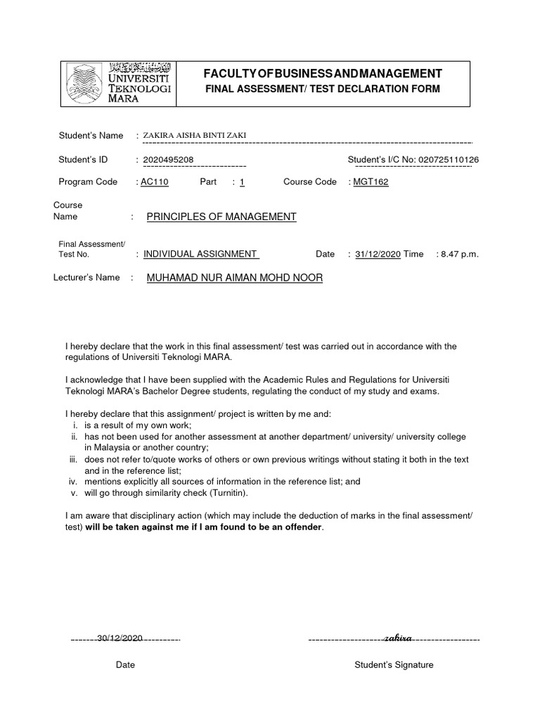 Aisha Zaki's Final Assessment Declaration | PDF | Finance & Money ...