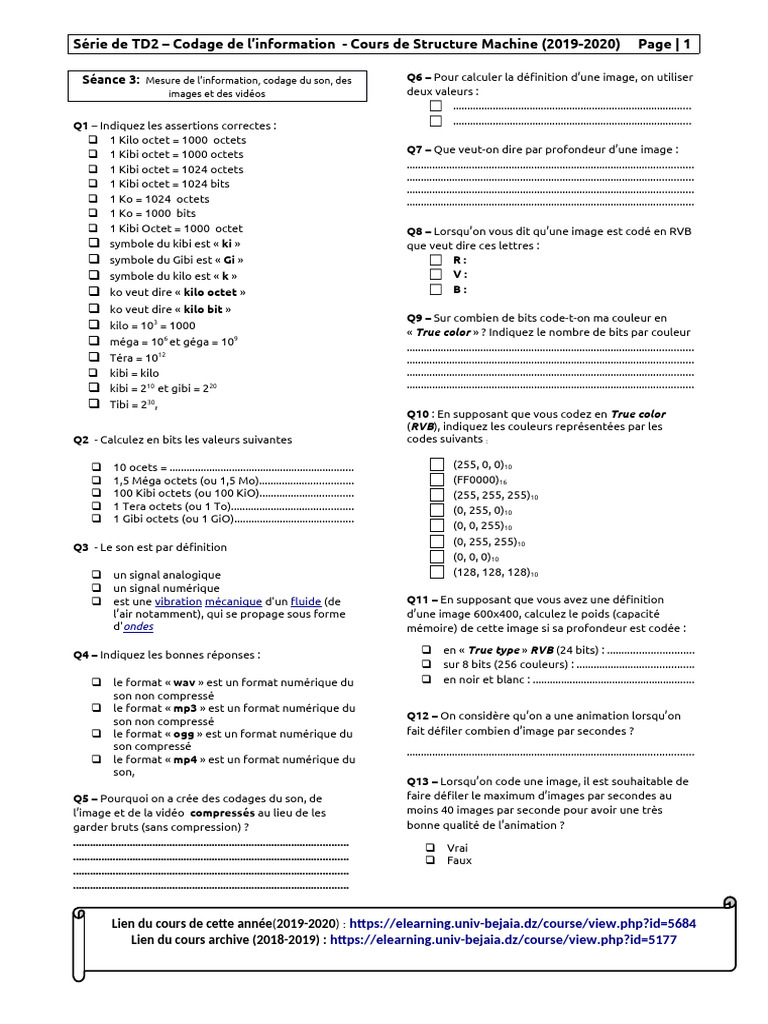 Codage de l'information : TD2 Structure Machine | PDF | Modèle de ...
