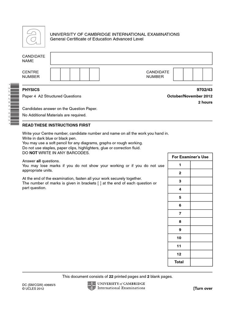A-Level Physics Exam Paper 9702/43 | PDF