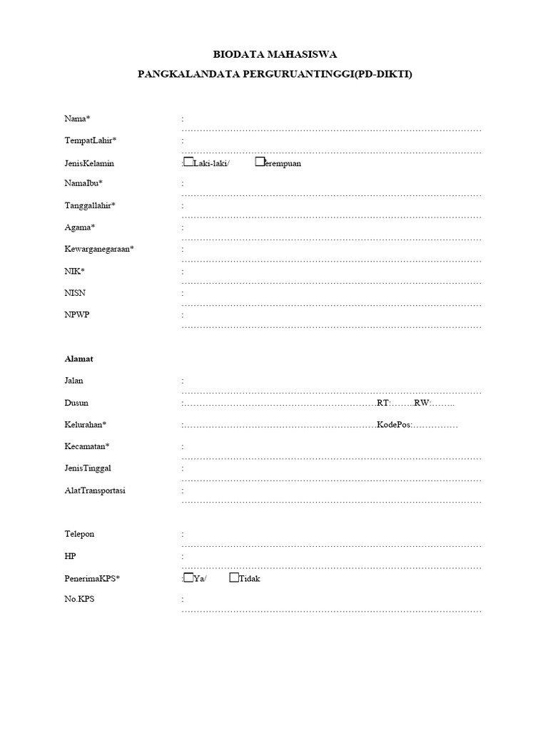 Form Biodata Lapor Diri PDPT PD Dikti | PDF