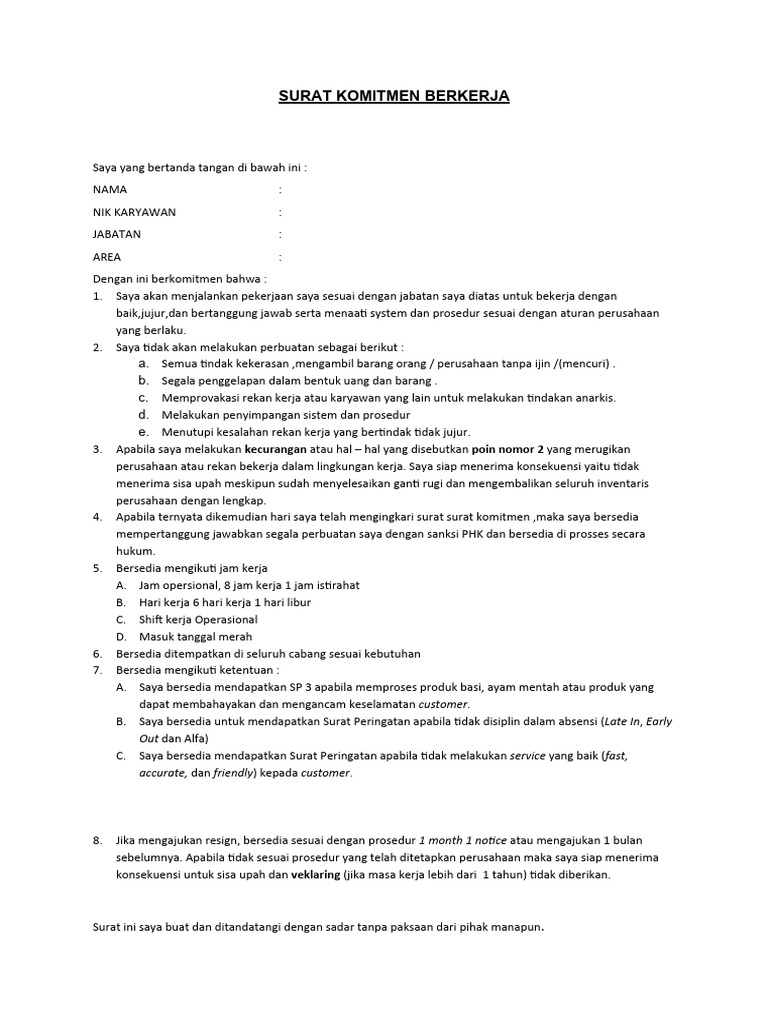 Surat Komitmen Karyawan untuk Etika Kerja | PDF