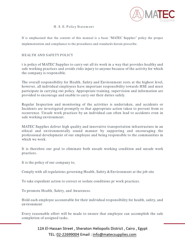MATEC Supplies Health & Safety Policy | PDF | Safety | Occupational ...