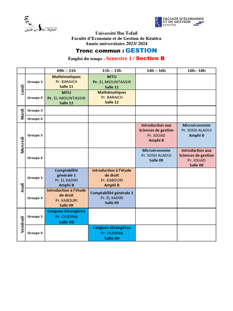 Emploi du temps Gestion Semestre 1 | PDF | Science