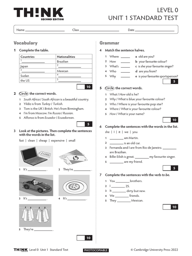 Level 0 Unit 1 Standard Test | PDF