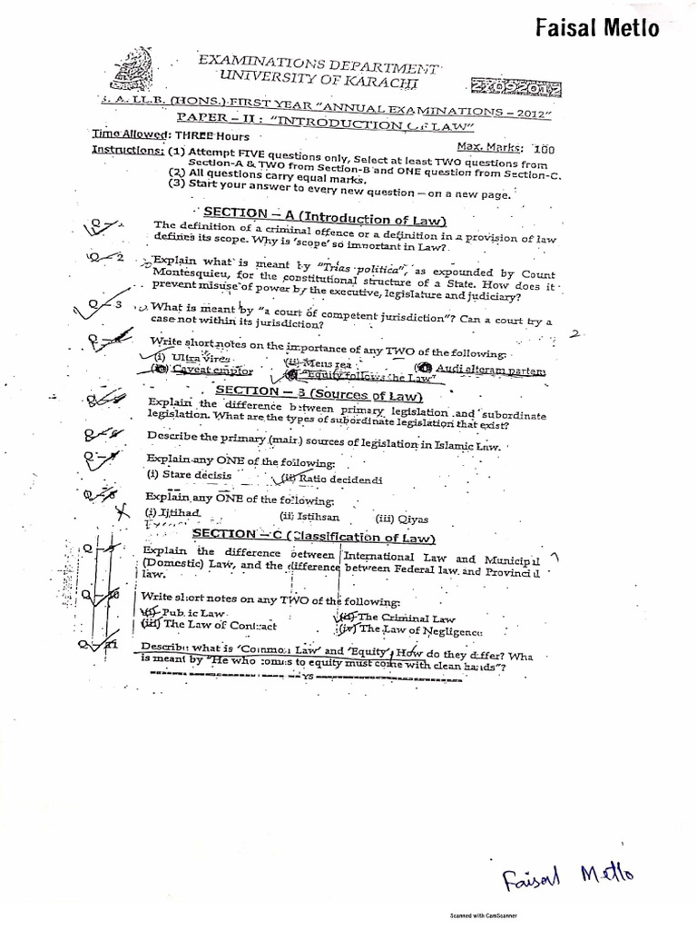 Introduction to Law Past Papers PDF