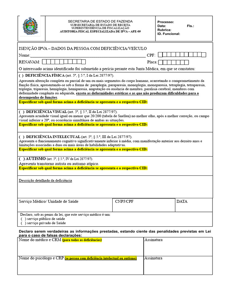 Laudo Médico para Isenção de IPVA | PDF | Espectro do autismo | Deficiência