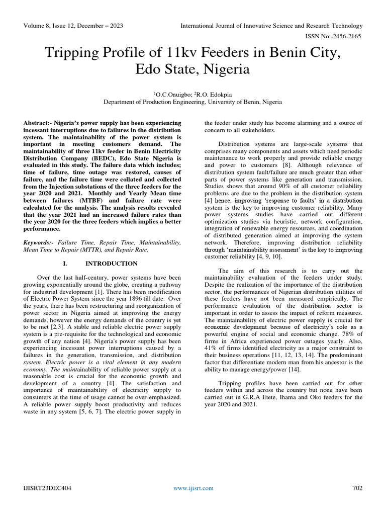 11kV Feeder Tripping Analysis in Benin | PDF | Reliability Engineering ...