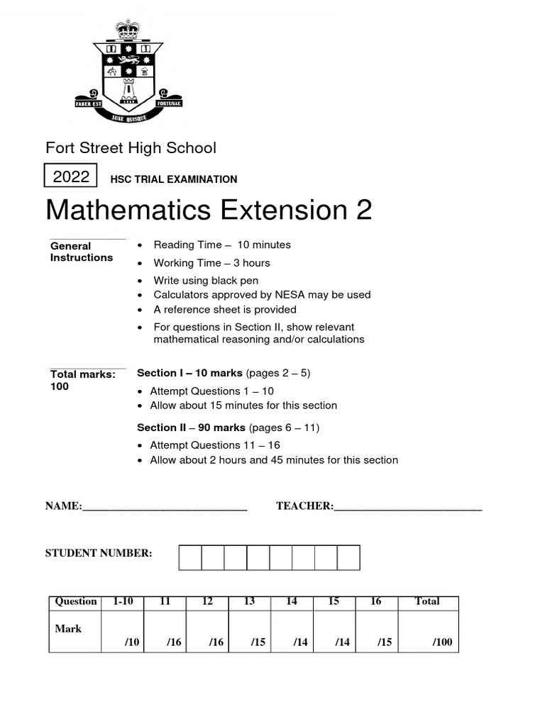 Fort Street HSC 2022 Math Exam Guide | PDF | Complex Number | Mathematics