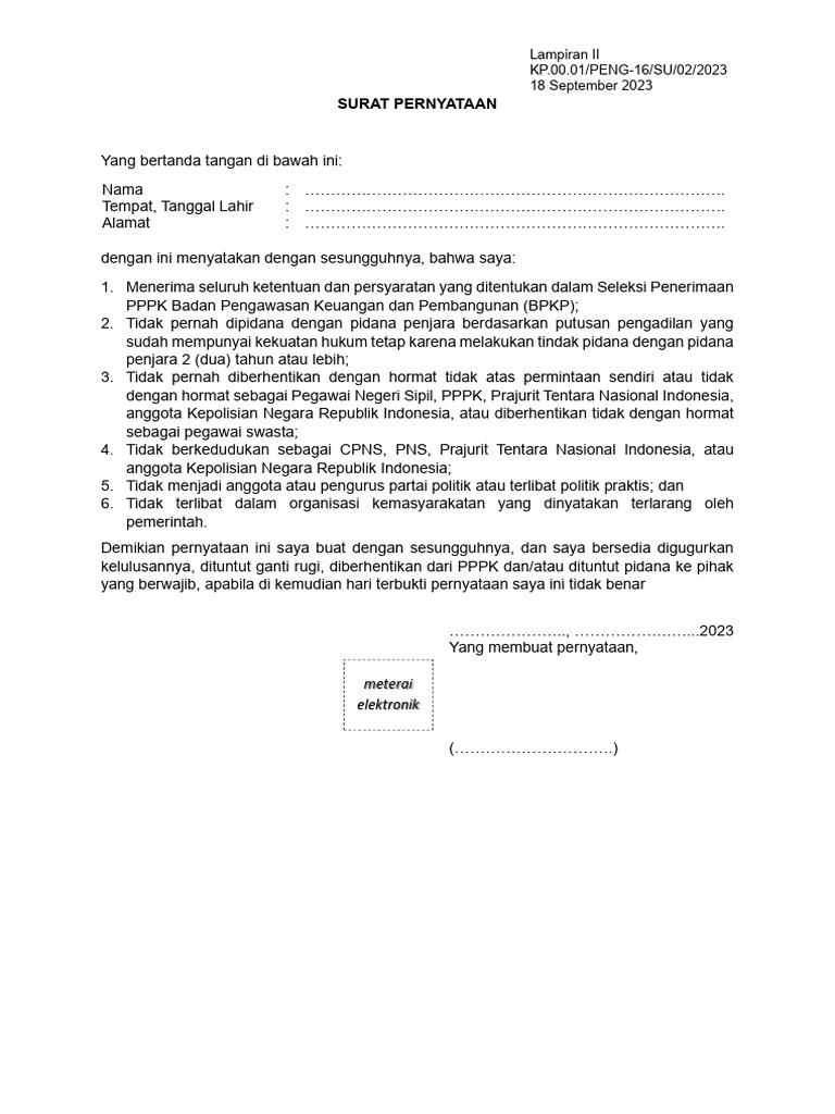 Surat Lampiran II Format_Surat_Pernyataan P3K KPK 2025 | PDF