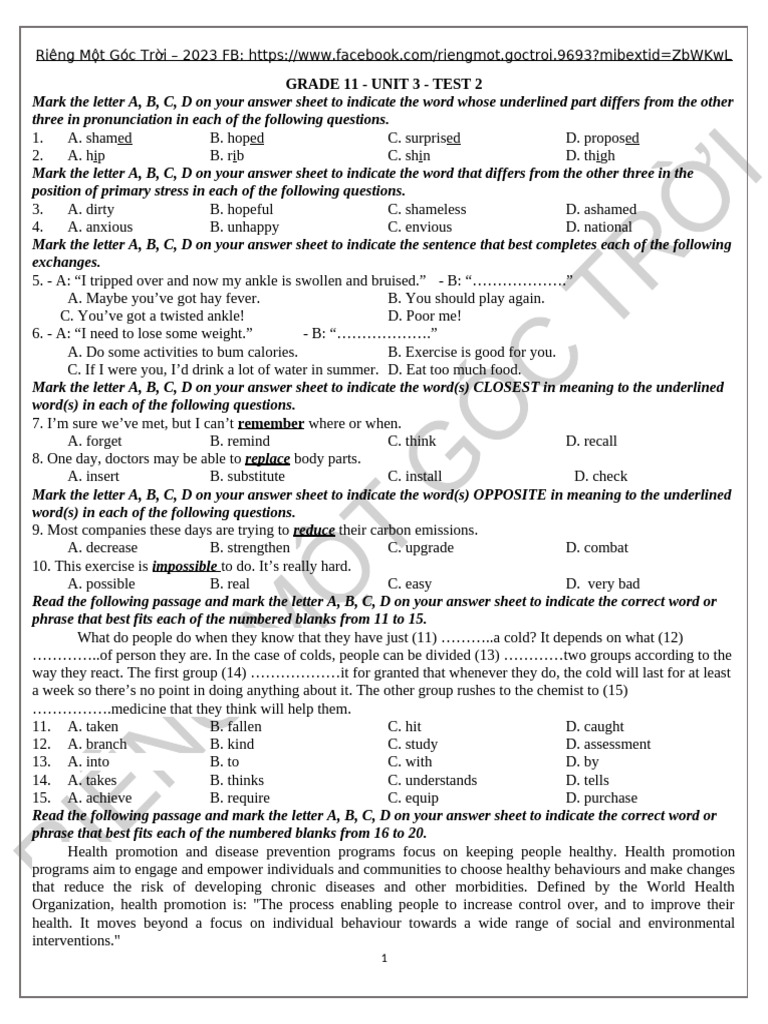 Đề kiểm tra Friends Global GRADE 11 - UNIT 3 - TEST 2 - ĐỀ | PDF ...