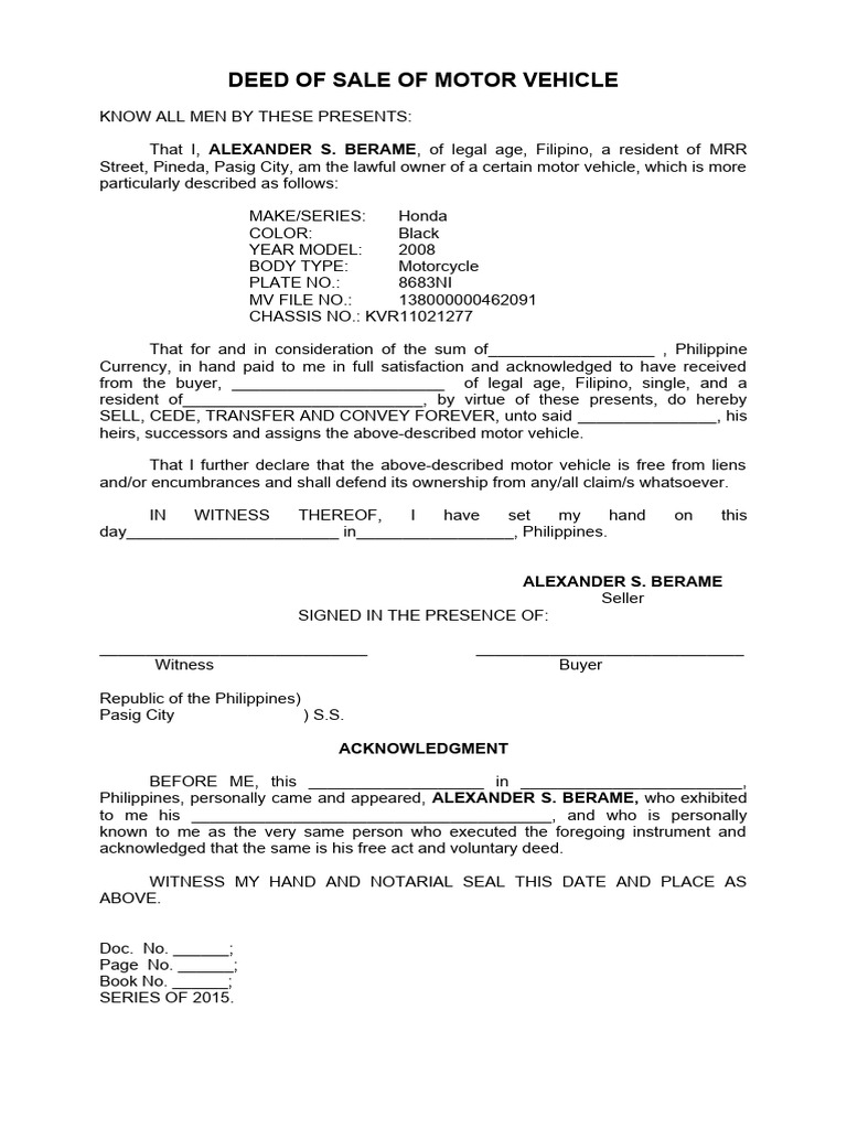 Deed of Sale of Motorcycle | PDF | Deed | Private Law