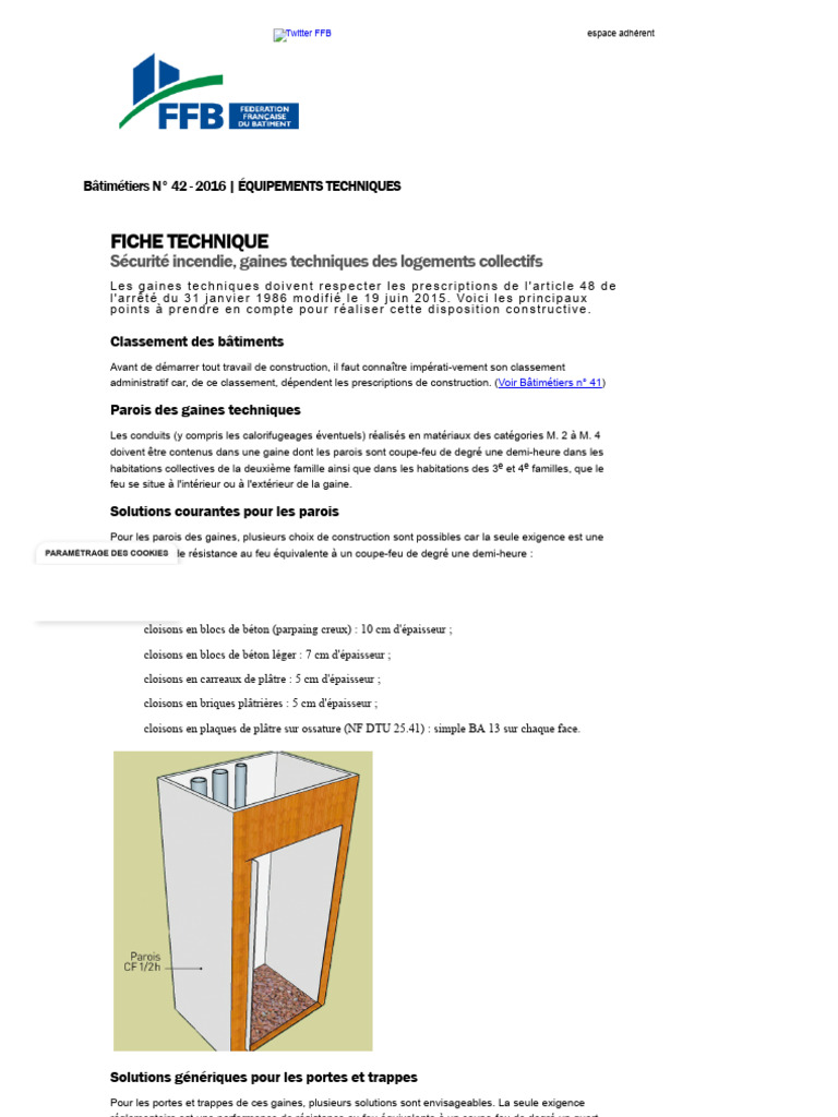 Fiche technique _ Sécurité incendie, gaines techniques des logements  collectifs _ FFB, PDF, Plâtre