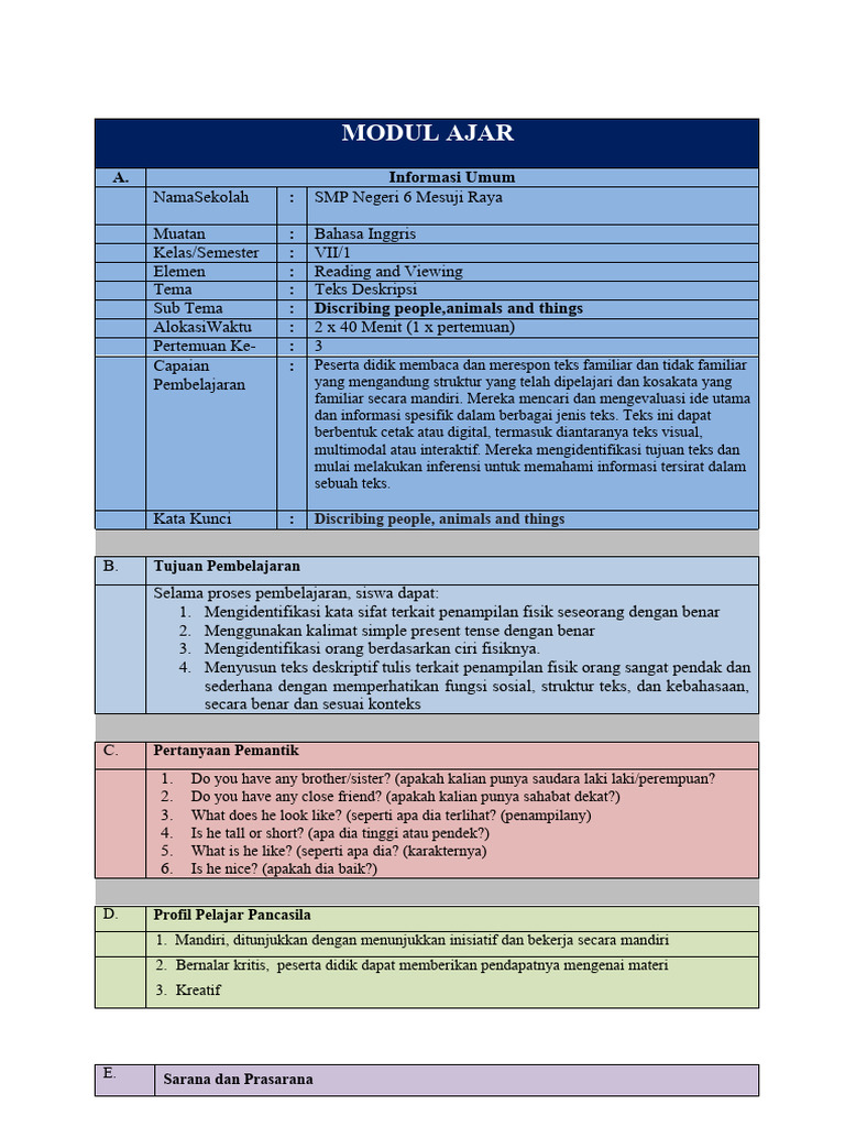 Modul Ajar Descriptive Text Kelas 7 | PDF
