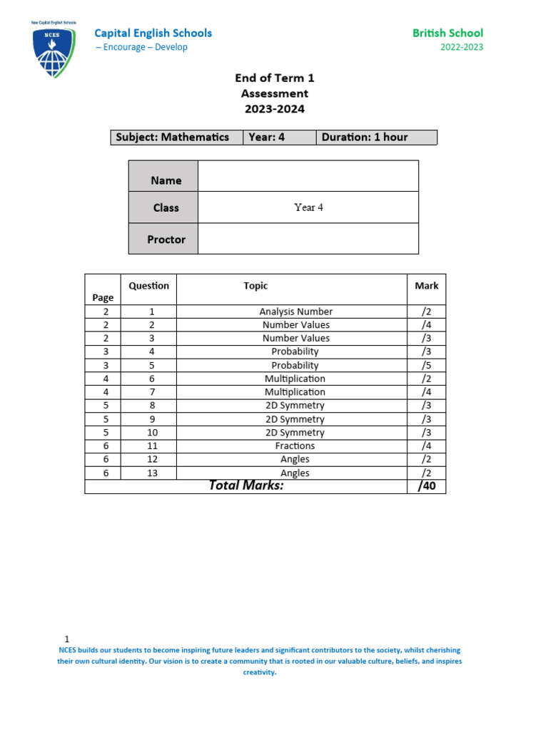 Math Term 1 Year 4 20232024 NCES PDF