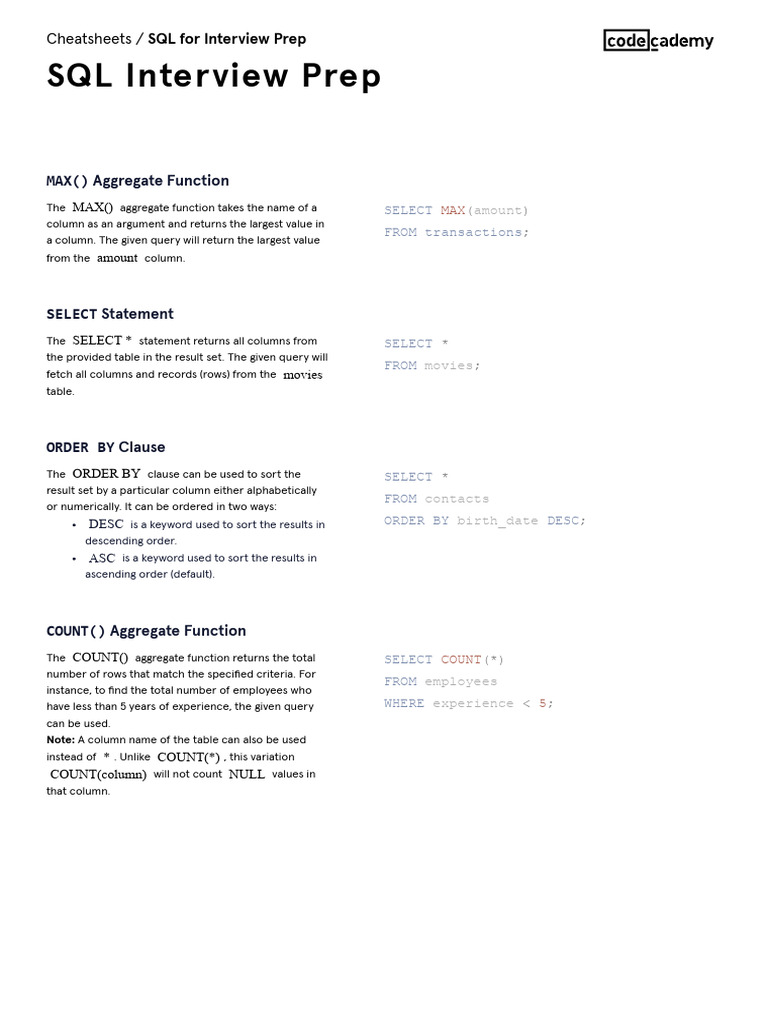 SQL For Interview Prep - SQL Interview Prep Cheatsheet - Codecademy ...