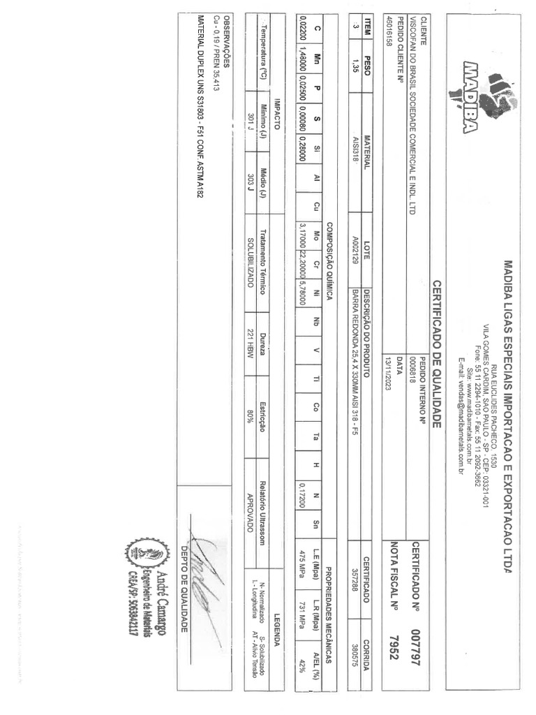 Certificado Material F51-S31803 | PDF
