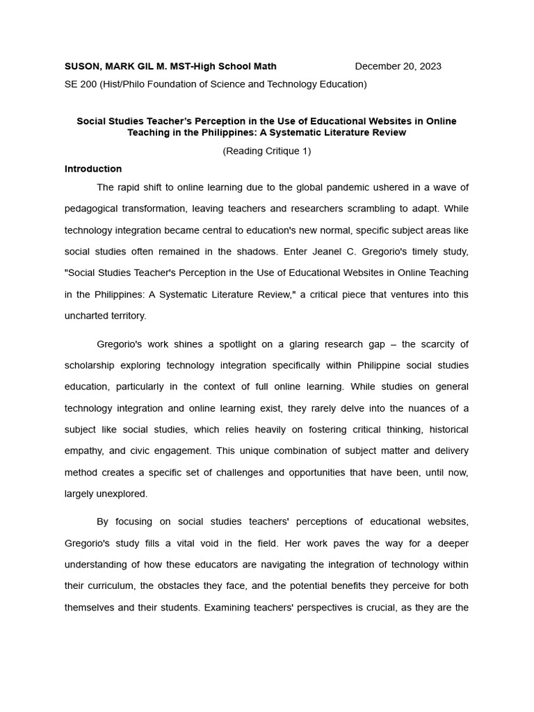 Social Studies Teachers' Online Perceptions | PDF
