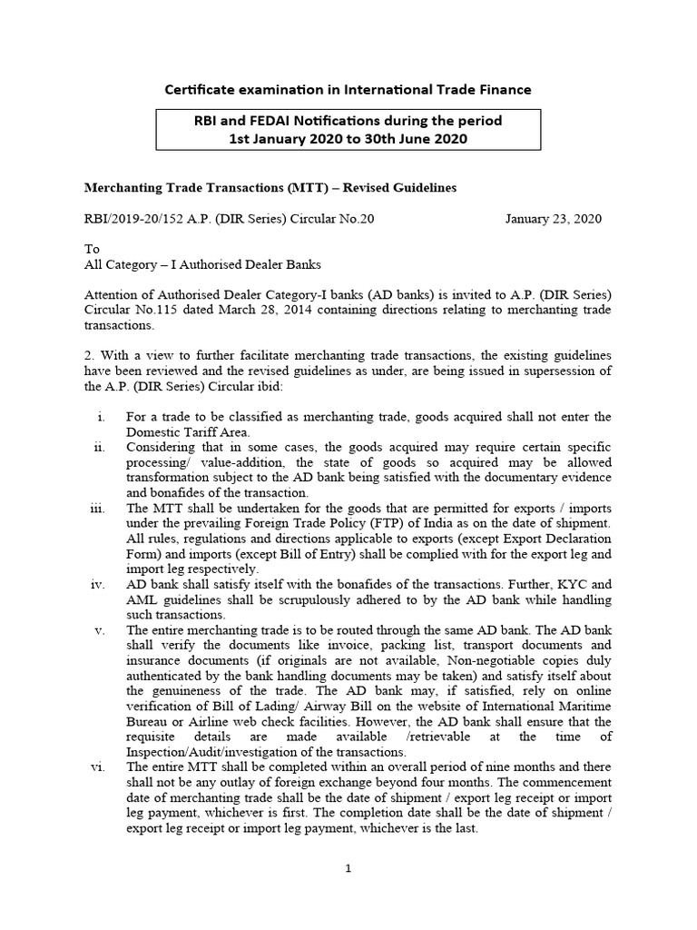 Revised Guidelines for Merchanting Trade | PDF | Reserve Bank Of India ...