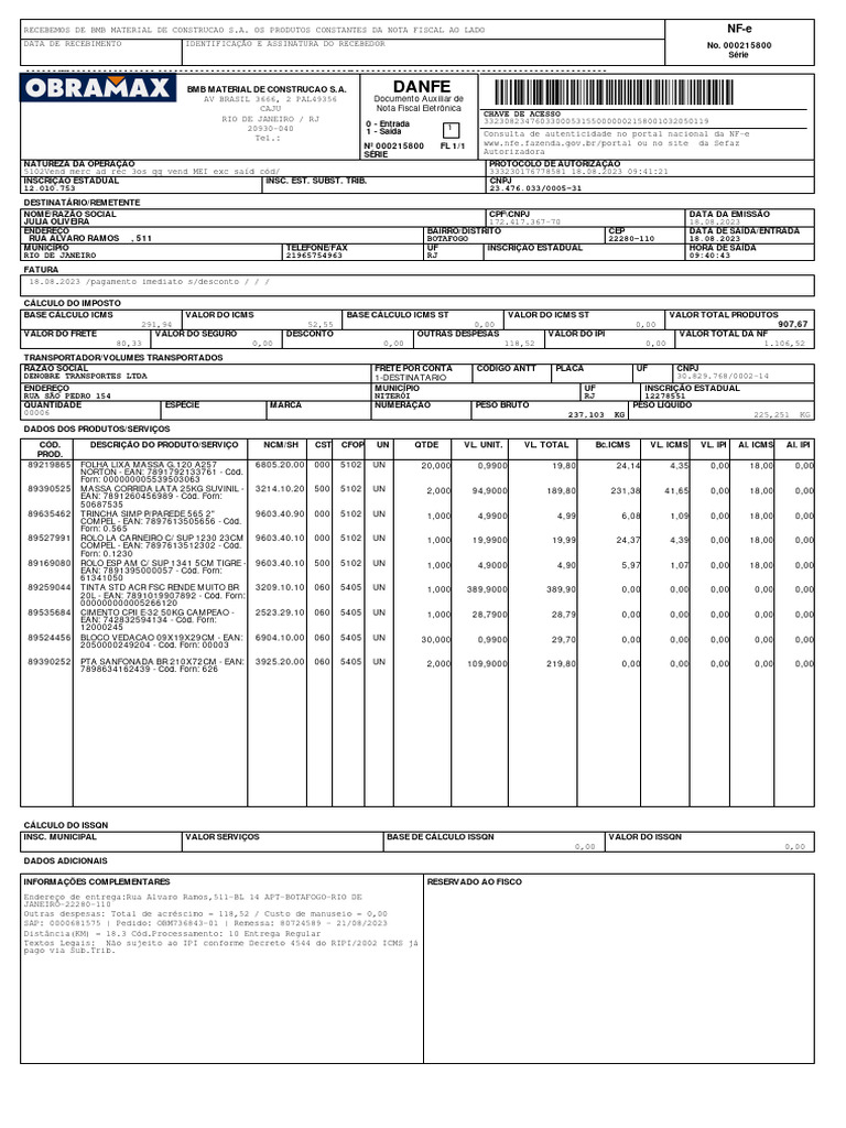 Nota Fiscal BMB Material de Construção | PDF