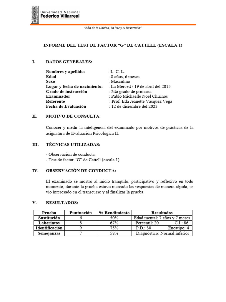 Informe Del Test de Factor G Cattell | PDF | Cociente de inteligencia ...