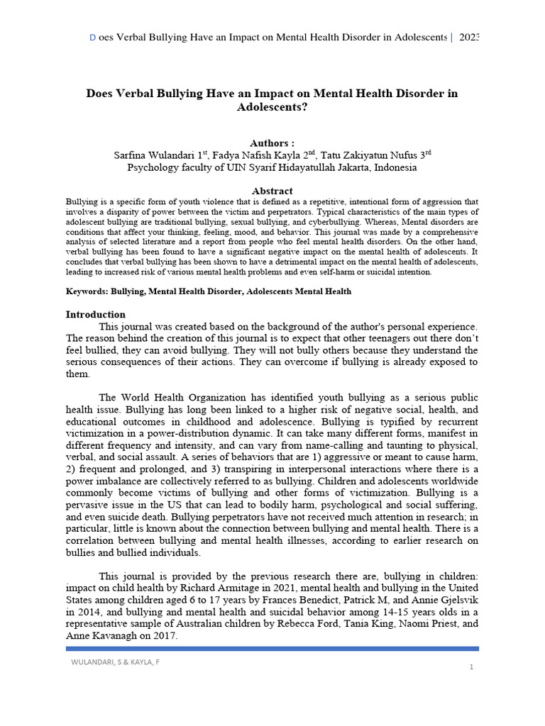 Does Verbal Bullying Have An Impact On Mental Health Disorder in ...
