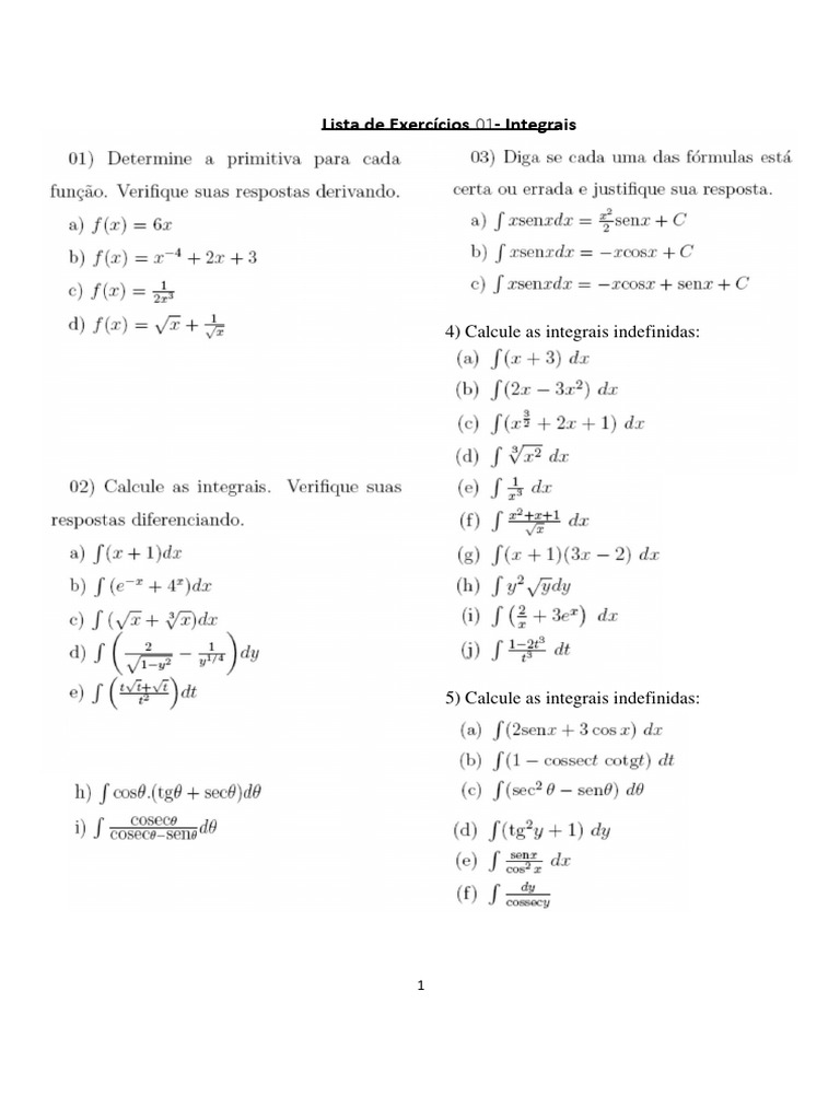 Lista de Exercícios sobre Integrais | PDF | Métodos e Materiais de ...
