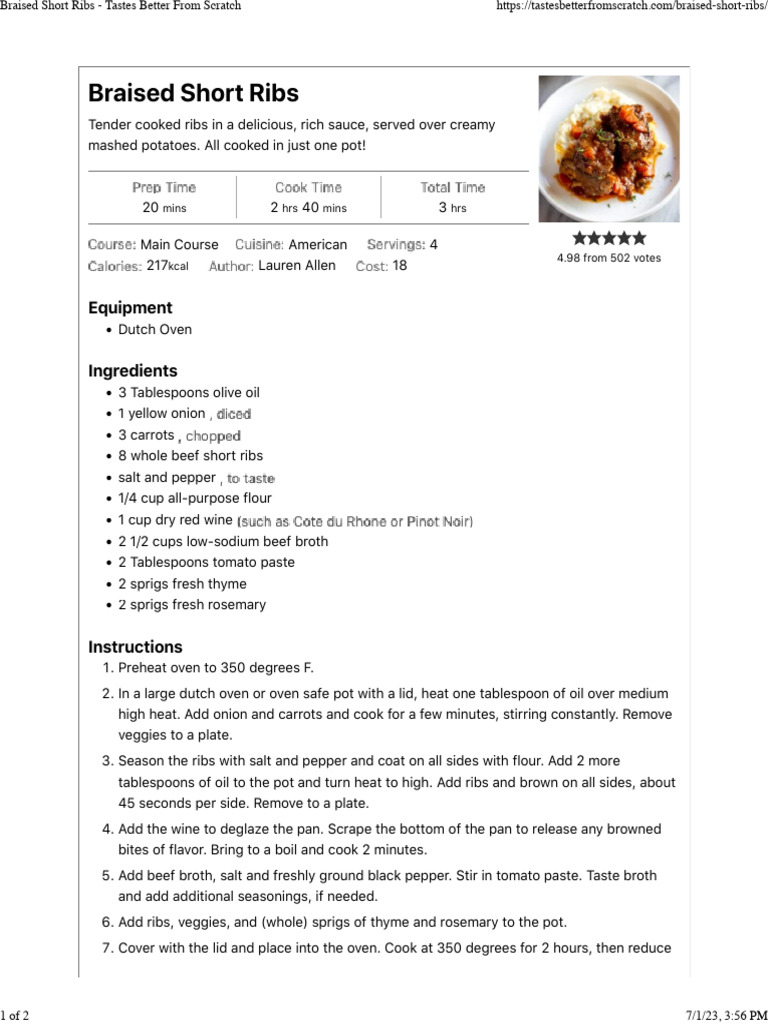 One-Pot Braised Short Ribs Recipe | PDF | Cooking | Slow Cooker