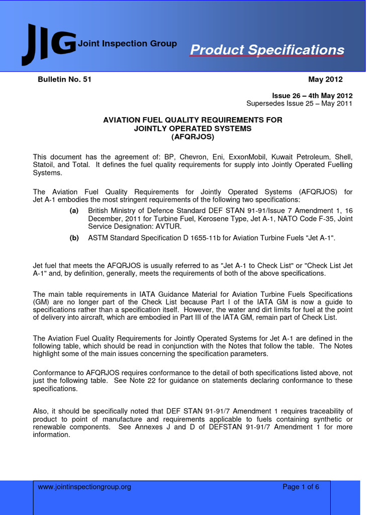 Aviation Fuel Quality Requirements For Jointly Operated Systems | PDF
