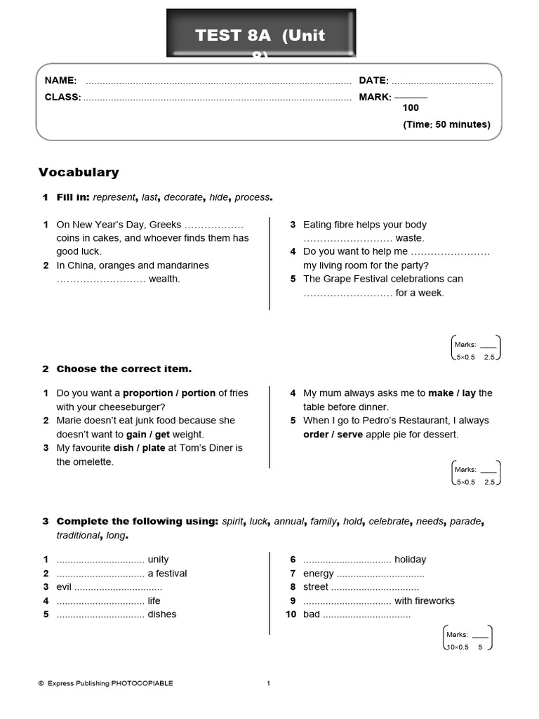 Test 8A: Unit 8 Assessment | PDF | Cooking, Food & Wine
