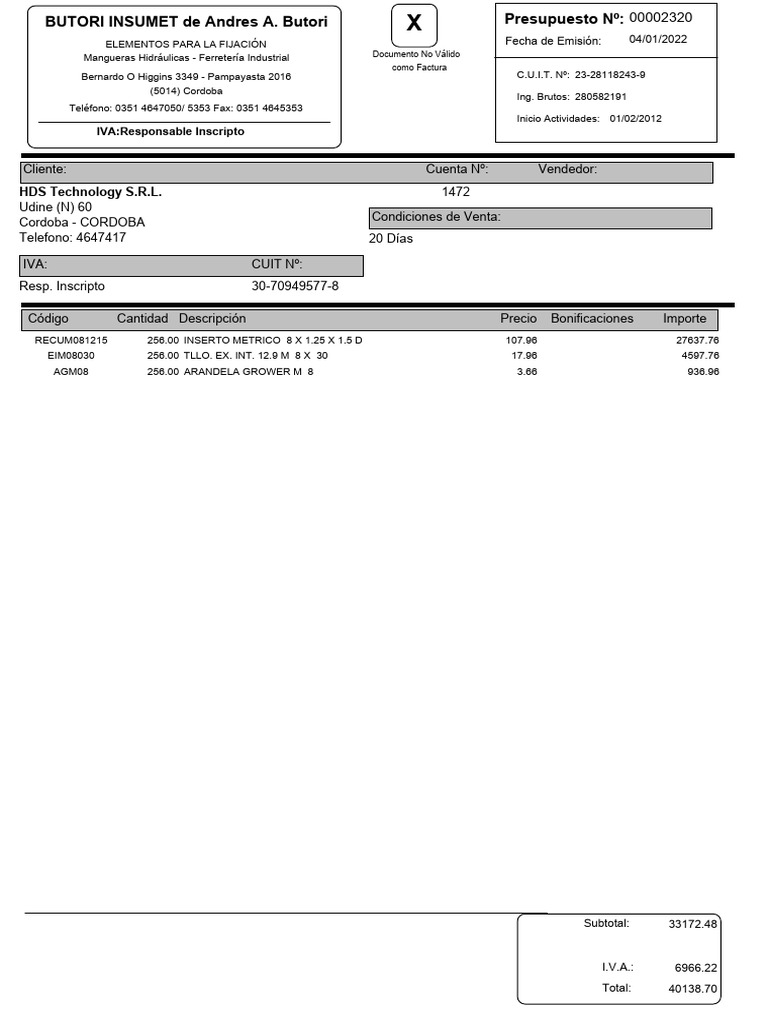 Presupuesto 2320 HDS | PDF