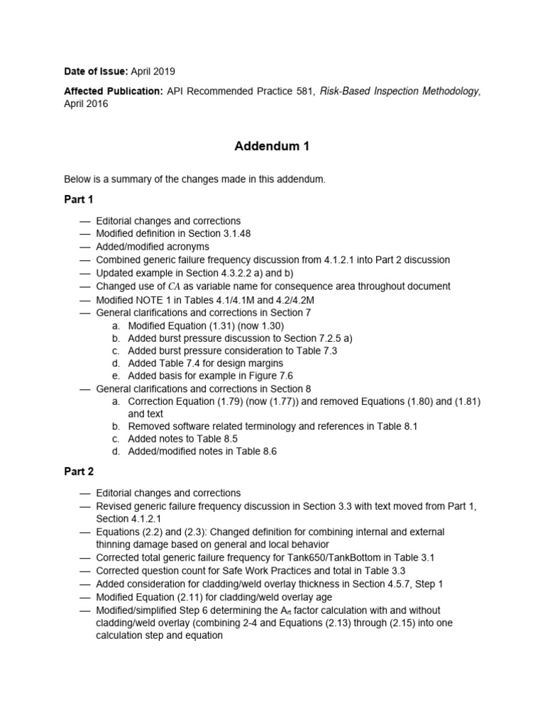 API 581 RP Risk Based Inspection (2016) - Addendum (Abril 2019) | PDF ...