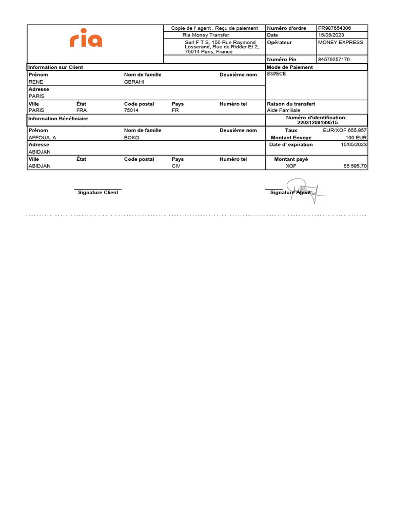 Reçu de transfert Ria - 15/05/2023 | PDF
