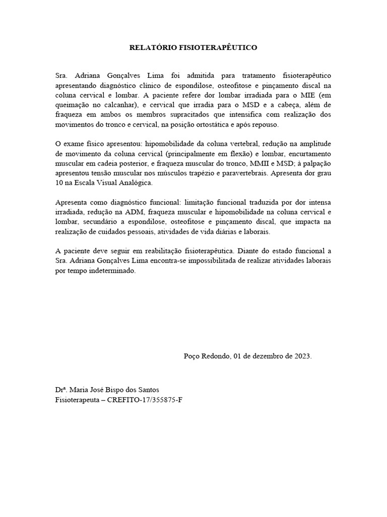 Relatório Fisioterapêutico de Adriana Lima | PDF