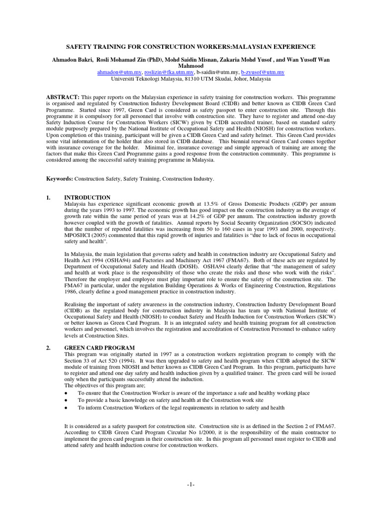 Safety Training For Construction Workers In Malaysia Pdf