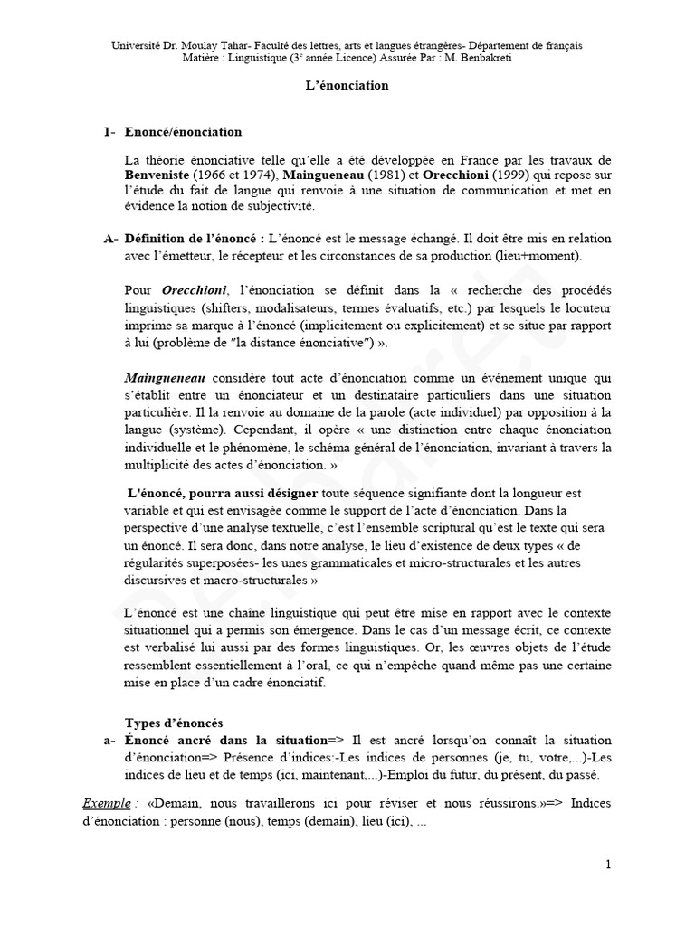 L'énonciation en linguistique | PDF