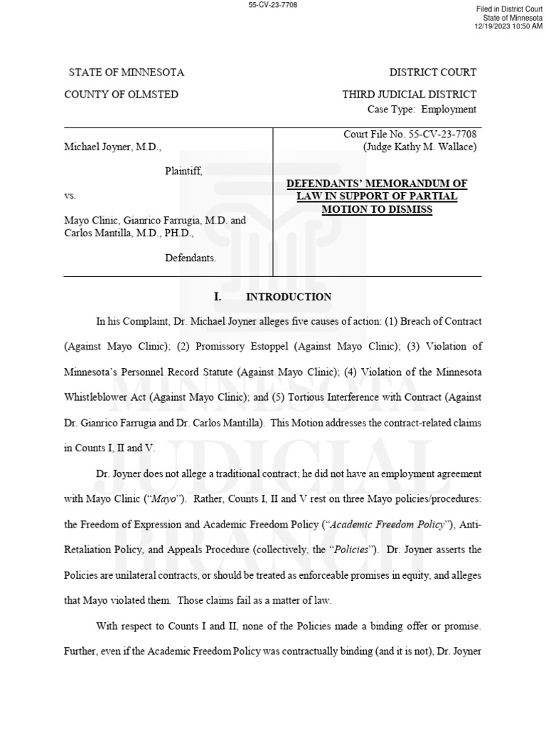 Joyner Mayo Clinic Motion to Dismiss PDF Tort Tortious Interference