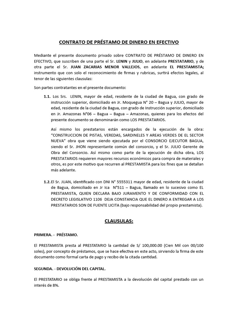 Contrato de Préstamo de Dinero en Efectivo | PDF | Derecho privado
