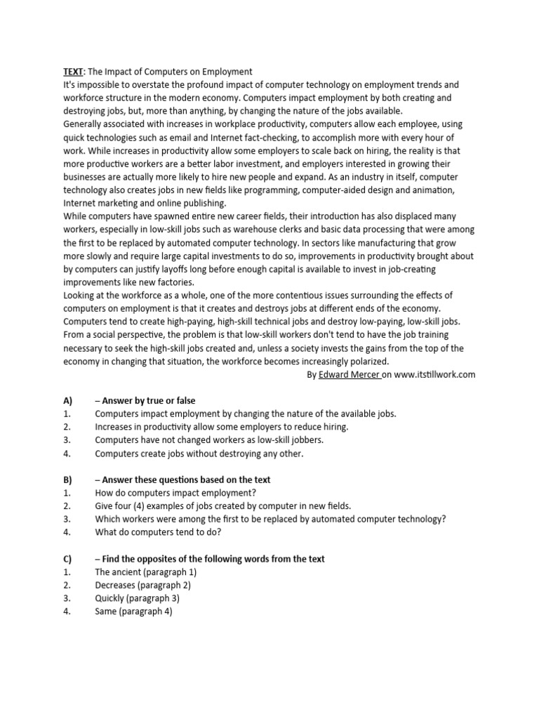 Computers' Impact on Employment Trends | PDF | Employment | Automation