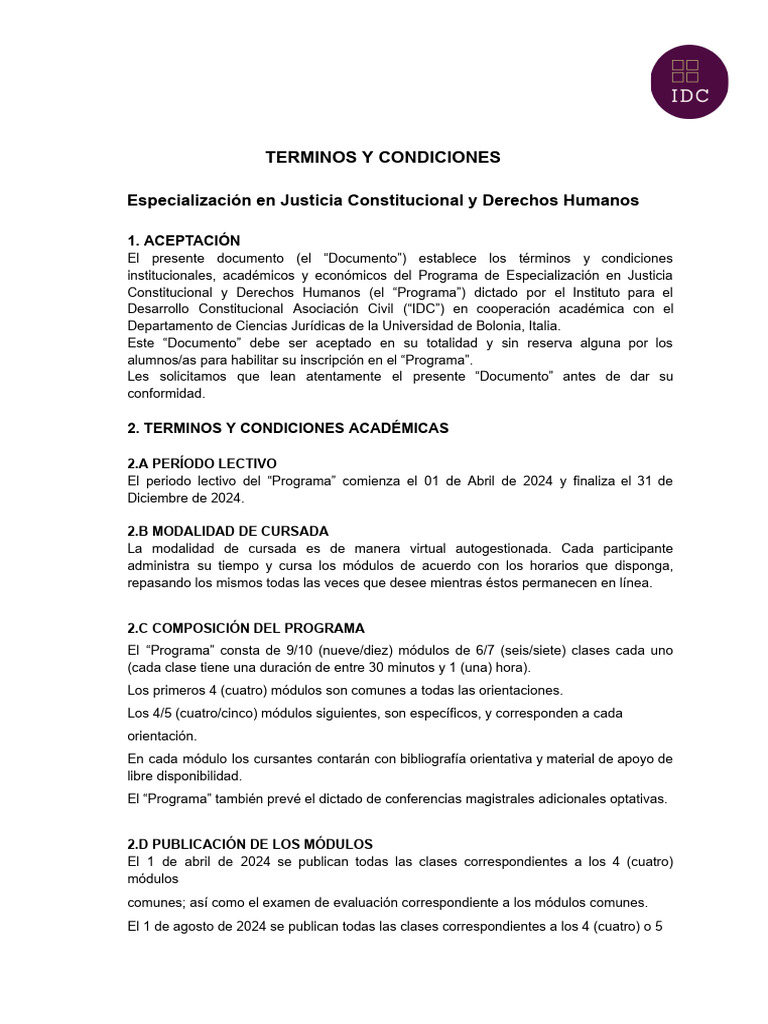 Especializacion - Terminos y Condiciones Nueva Version | PDF