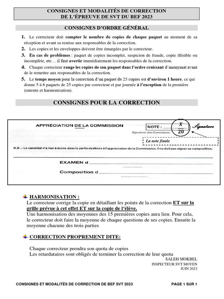 Correction BEF SVT 2023 : Consignes et Modalités | PDF