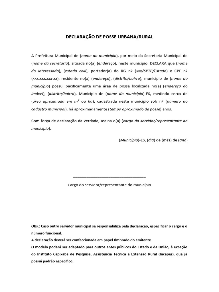Anexo 04 Modelo De Declaração De Posse Emitida Por Ente Público Pdf