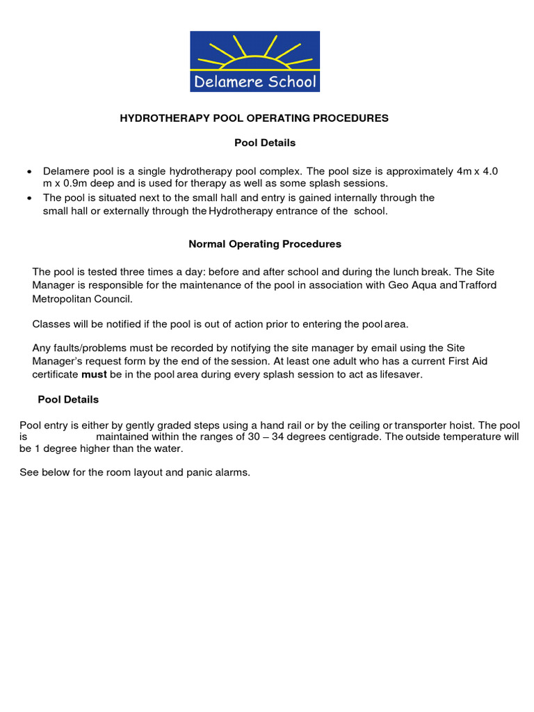 Hydrotherapy Pool Operating Procedures PDF Emergency First Aid
