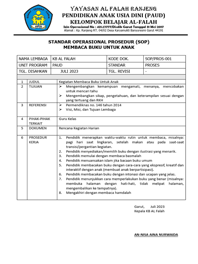 SOP Kegiatan PAUD di KB Al Falah | PDF | Karier & Perkembangan ...