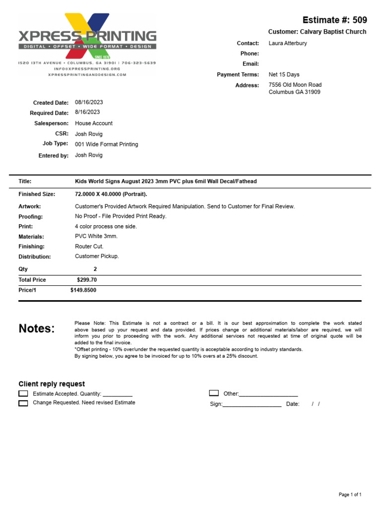 Notes:: Estimate #: 509 | PDF | Service Industries | Business