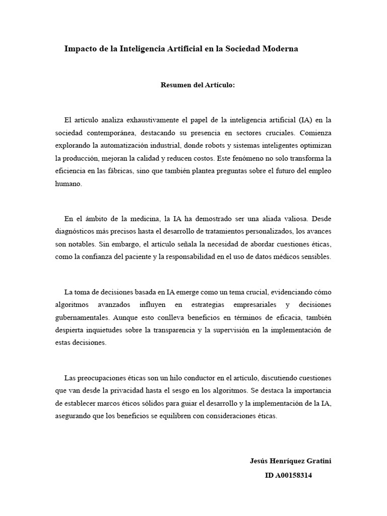 Impacto de La Inteligencia Artificial en La Sociedad Moderna | PDF