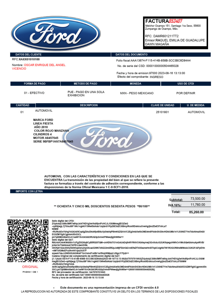 Factura Original Ford Fiesta 2010 | PDF