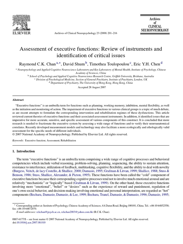 Assessment of Executive Functions Review of Instruments and | PDF ...