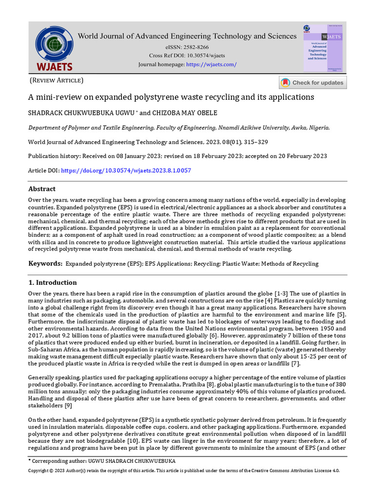 A Mini-Review On Expanded Polystyrene Waste Recycl | PDF | Polystyrene ...
